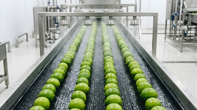 Fresh green limes being washed on a conveyor belt in a food factory