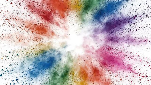 Colorful powder explosion with vibrant hues bursting outwards against a plain white backdrop