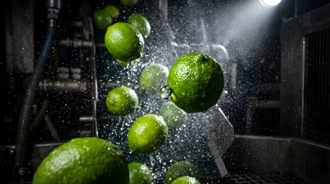 Fresh green limes splashing with water droplets in a dark industrial factory