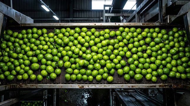 Fresh green limes moving along an industrial conveyor belt in a factory