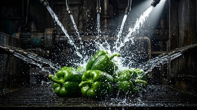 Fresh green peppers being washed by water spray in an industrial factory