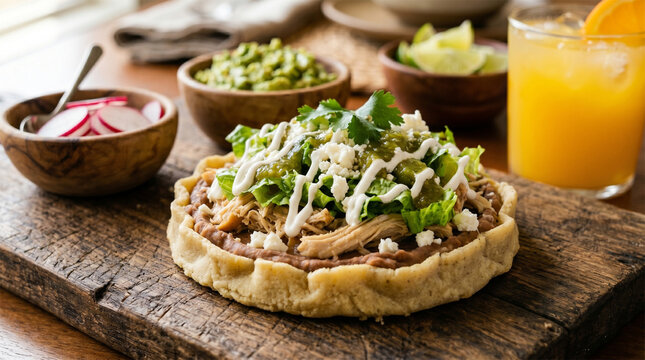 Traditional Mexican sopes served with cold orange water