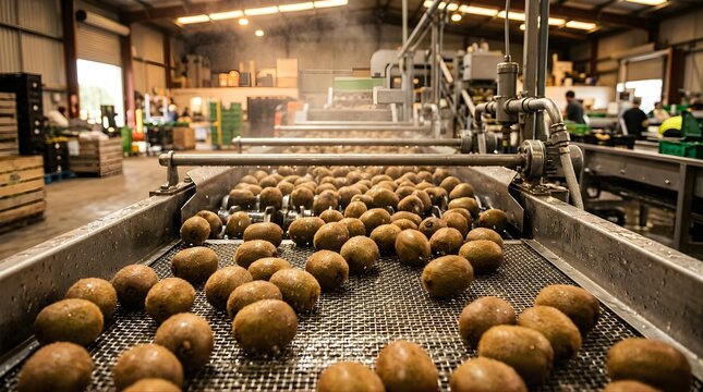 Fresh kiwi fruits moving on conveyor belt in modern food processing plant