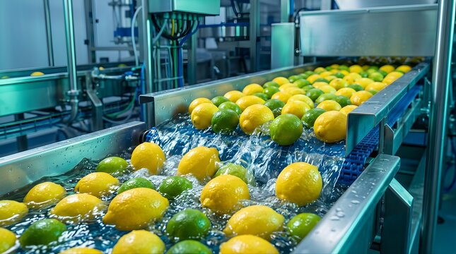 Fresh lemons and limes being washed on a food production conveyor belt