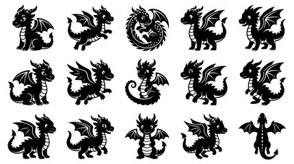 Fototapeta premium Fantasy Baby Dragon Cartoon Glyph Silhouettes Set. Cute Mythical Creature Vector Illustrations.