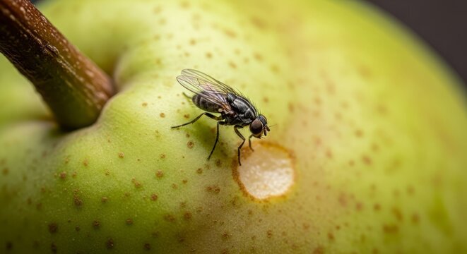 Fruit Fly Resting on Fresh Ripe Fruit Extreme Macro Insect Photography