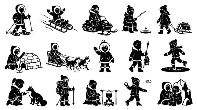 Arctic Children Winter Activities Black and White Icons Set