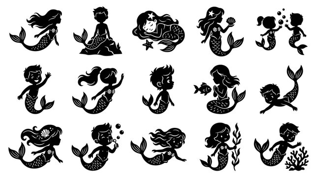 Fantasy Ocean Mermaids and Mermen Silhouette Vector Collection for Children's Underwater Adventures