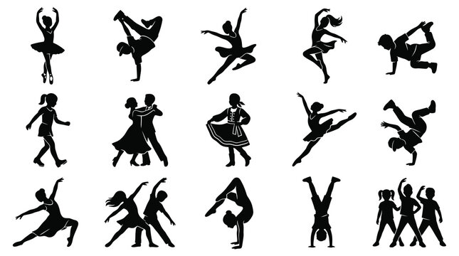 Dance and Acrobatics Vector Silhouettes: Diverse Poses of Kids and Adults in Various Dance Styles, Glyph Art