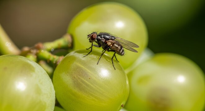 Fruit Fly Resting on Fresh Ripe Fruit Extreme Macro Insect Photography