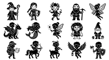 Obraz premium Black and White Fantasy RPG Characters Glyph Icons Collection for Fairytale Stories and Mythical Creatures