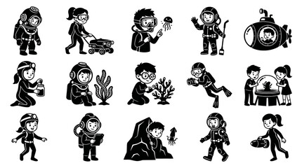 Naklejka premium Monochrome Cartoon Glyph Icons of Children Underwater Exploration Diving