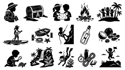 Obraz premium Adventure Exploration Silhouette Icons Set. Black White Outdoor, Travel, Kids Activity Discovery Glyphs.