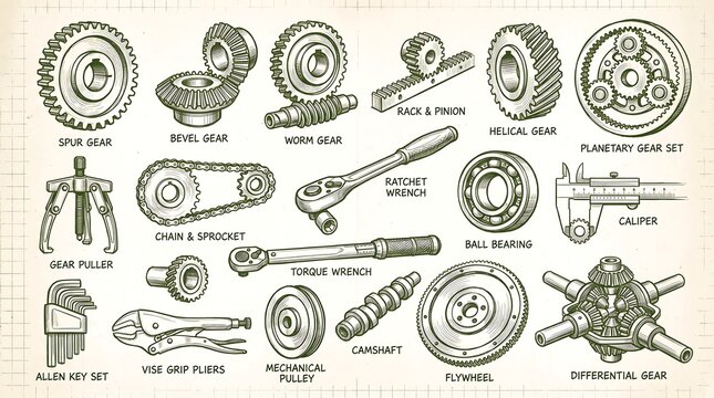 Vintage-style technical drawing of various mechanical parts and tools on a graph paper background with a monochromatic color scheme.