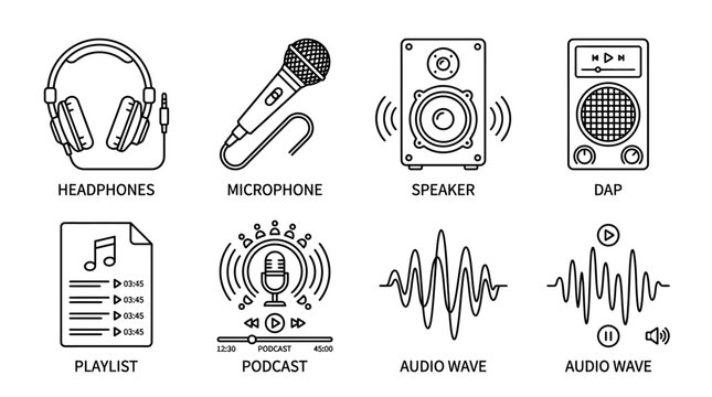 An illustration set featuring various audio equipment and symbols including headphones, a microphone, speaker, DAP, playlist, podcast, and audio waves on a white background.