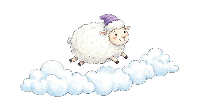 A smiling sheep wearing a purple nightcap runs playfully on fluffy white clouds.