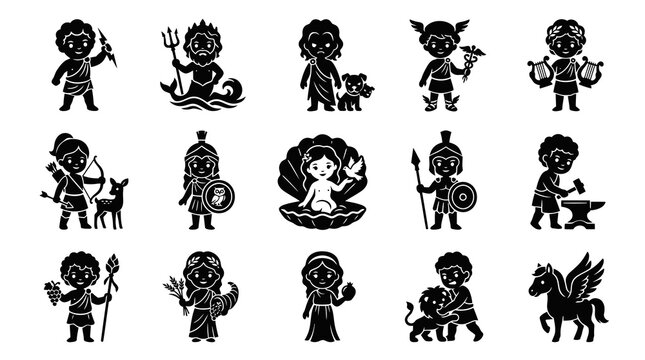 Greek Gods and Mythology Icons Set, Black and White Glyph Style