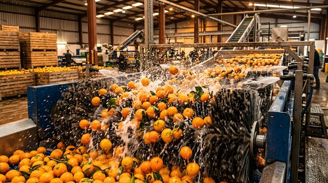 Fresh oranges being washed by water spray on industrial conveyor belt