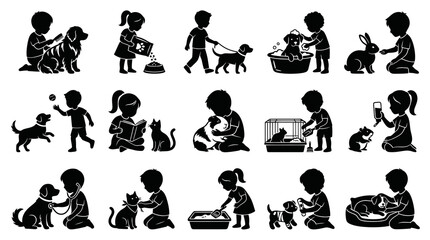 Obraz premium Children Pet Care Silhouette Icons. Black White Glyph Set of Kids Caring for Dogs, Cats, Rabbits, Hamsters.
