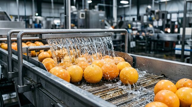Fresh oranges being washed on a factory conveyor belt during production