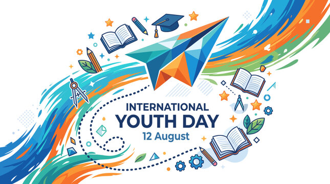 A vibrant illustration celebrating International Youth Day on August 12, featuring a paper airplane soaring amidst educational icons and colorful abstract shapes.