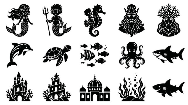 Ocean Life Icons: Mermaids, Sea Creatures, Castles, Black and White Symbols