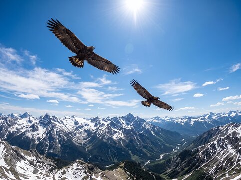 Two majestic eagles soaring high above snow-capped mountains under a bright sun.