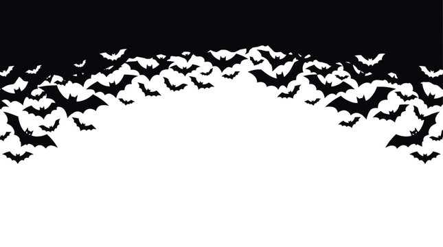 A swarm of black bat silhouettes flies in an arc against a dark background, symbolizing Halloween and spooky nights.