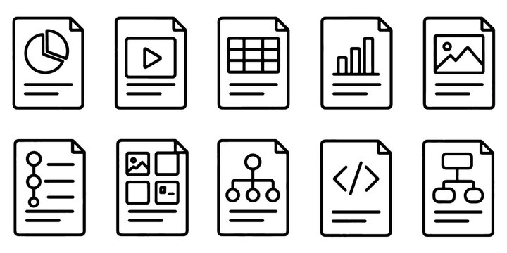 Document and Data Management Icon Set, File Type, Coding, Video and Dashboard Icons for Web, App and Software Interface, Vector Illustration.