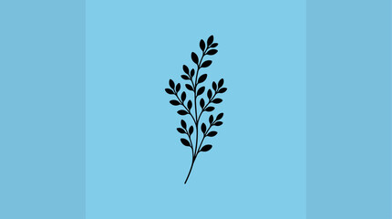 Leafy stem illustration displays small oval foliage on a slender stalk against a soft light blue background. © Art