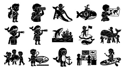 Naklejka premium Black and White Glyph Icons Set: Kids Exploring Marine Life, Whales, and Oceanography Concepts.