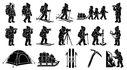 Obraz premium Winter Outdoor Adventure Kids Camping Skiing Hiking Photography Vector Icons