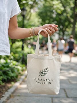 Woman holding a reusable tote bag with sustainable shopping text and leaf logo in a park.