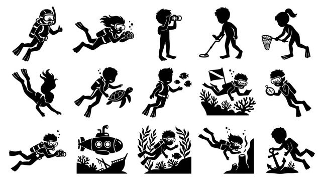 Ocean Adventure Silhouettes: Scuba Diving, Snorkeling, and Underwater Exploration Glyph Icons Set