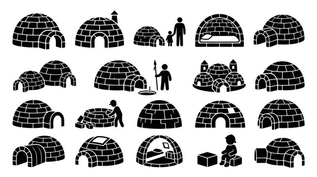 Igloo Icons Set: Arctic Dwelling Symbols, Winter Architecture, Snow House, Silhouette Art