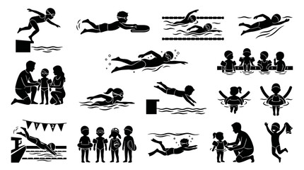Obraz premium Black and White Glyph Icons of Children Swimming and Learning to Swim