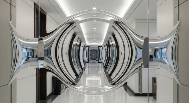 Abstract Distorted Perspective of a Modern Office Hallway with Futuristic Fish-eye Effect and Surreal Architecture