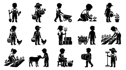 Obraz premium Children Farming Gardening Silhouette Glyphs Set. Agriculture Kids Rural Farm Life Icons Collection