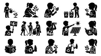 Obraz premium Black White Silhouette Icons of Children Caring for Nature and Environment