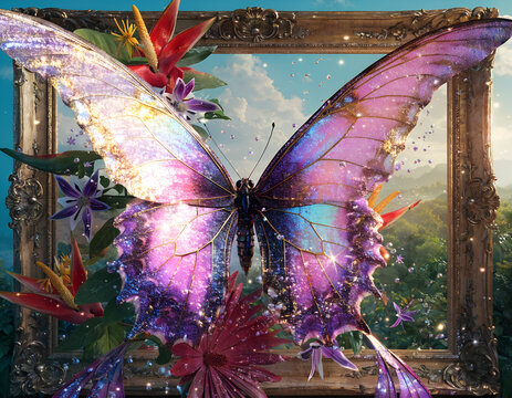 Magical 3D pop-out artwork featuring a giant colorful butterfly flying out from a framed painting, realistic wings extending beyond the canvas, sparkling particles, detailed butterfly patterns, tropic