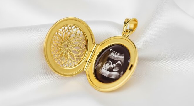 Gold locket featuring baby ultrasound scan on white silk background