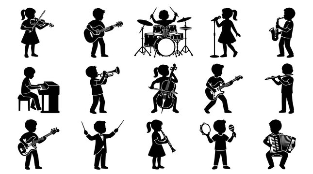 Children Playing Musical Instruments Silhouette Vector Set. Kids Musicians Performing Music Hobbies Black and White Glyph Art.