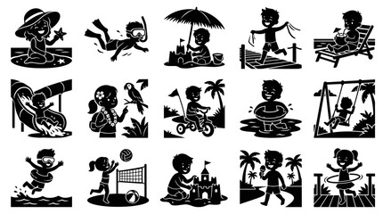 Obraz premium Black and White Silhouette Glyphs: Happy Children Playing Summer Vacation and Beach Activities Set