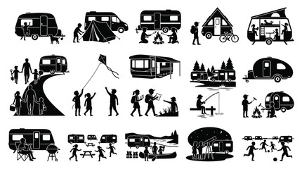 Obraz premium Black and White Silhouette Icons of Camping and Outdoor Activities with RVs and Tents
