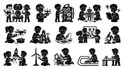 Obraz premium Black and White Kids Learning STEM Science Technology Engineering Robotics and Coding