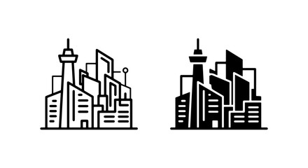 Obraz premium Modern Cityscape Icons, Urban Skyline Vector Graphics, Business District Symbols