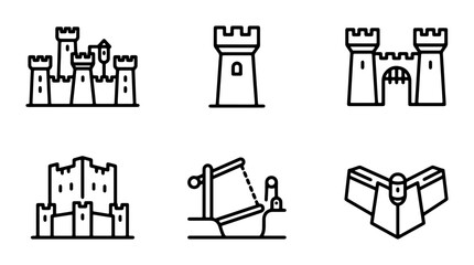 Castle Icons Set, Medieval Fortress Symbols, Fortification Vector Graphics © Saifunnahar