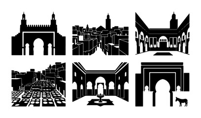 Obraz premium Moroccan Architecture Silhouettes, Islamic Buildings, Cityscape Vector Icons