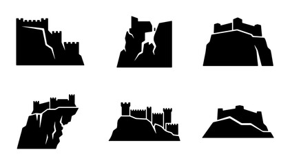 Castle Icons, Fortress Silhouettes, Medieval Fortifications, Ancient Architecture © Halima