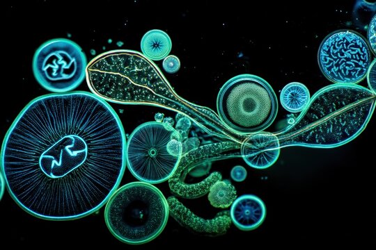 Glowing abstract scientific visualization of organic technology networks against black